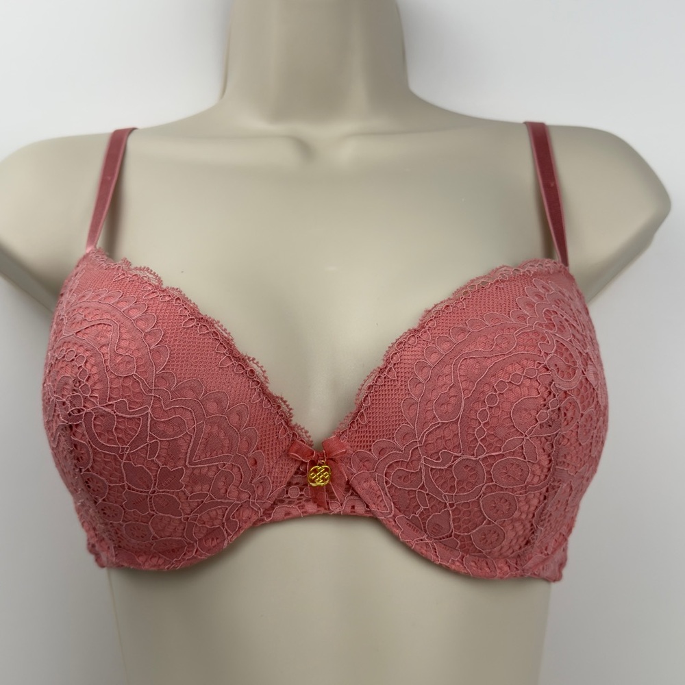Coral Lace Push Up Plunge Bra 36B Daisy Fuentes Romantic Feminine